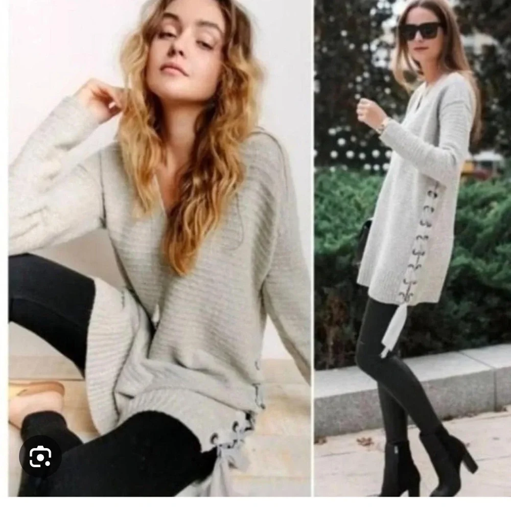 Free People Gray Sweater Tunic Mini Dress with Lace-Up Sides XS Fits up to M
